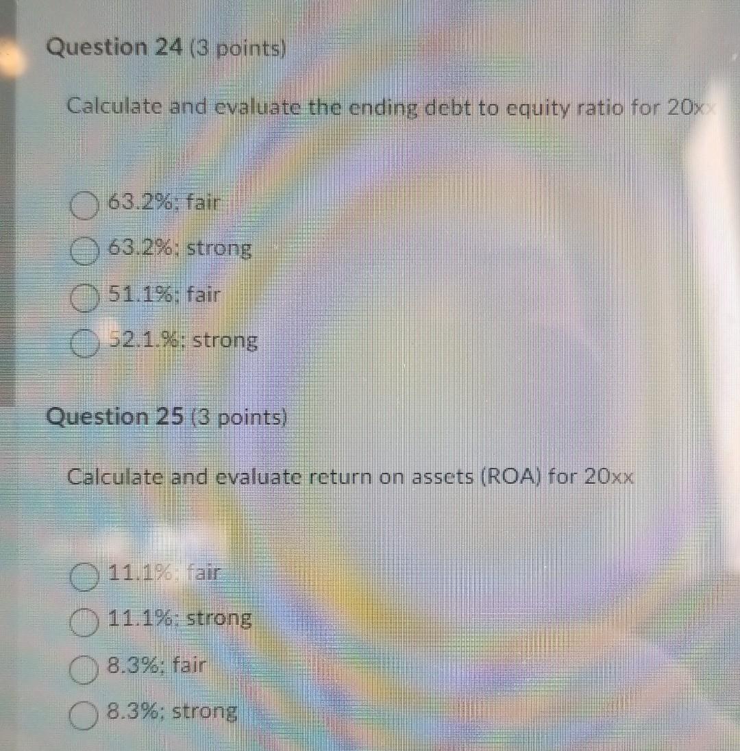 Question 25 (3 points) Calculate and evaluate return on assets (ROA) for