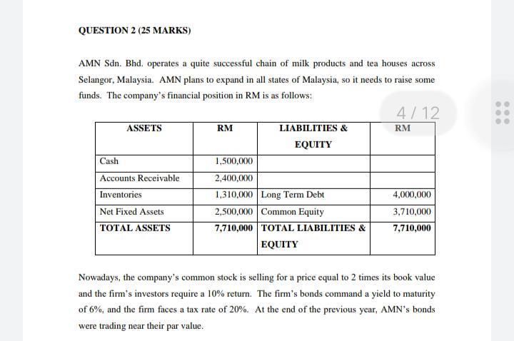  QUESTION 2 (25 MARKS) RM AMN Sdn. Bhd. operates a quite