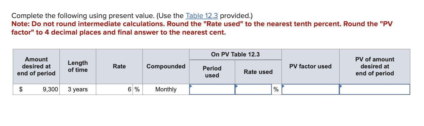  Complete the following using present value. (Use the Table 12.3 provided.)