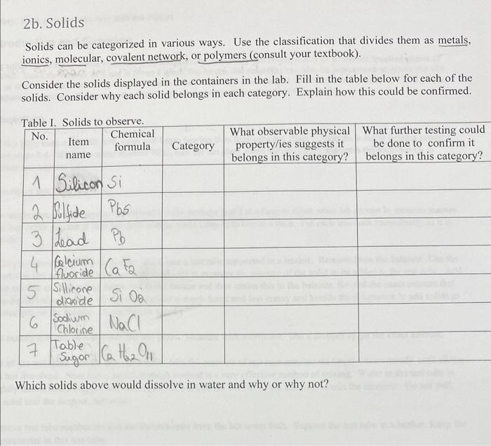  2b. Solids Solids can be categorized in various ways. Use the