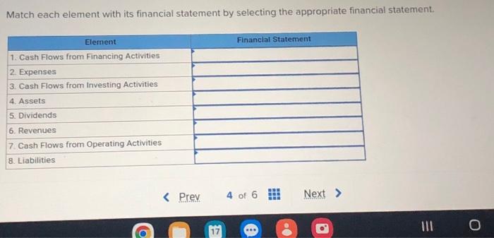  Match each element with its financial statement by selecting the appropriate