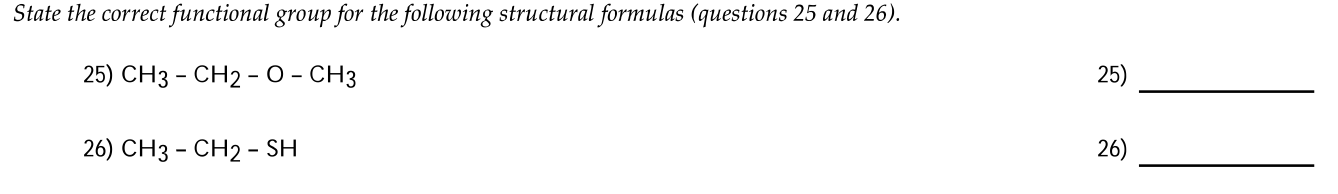  State the correct functional group for the following structural formulas (questions