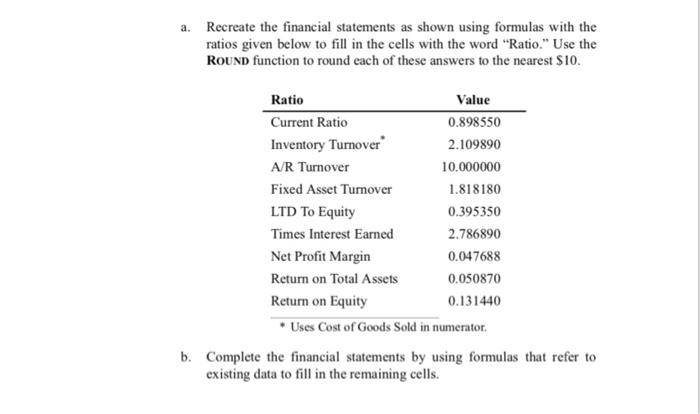  Recreate the financial statements as shown using formulas with the ratios