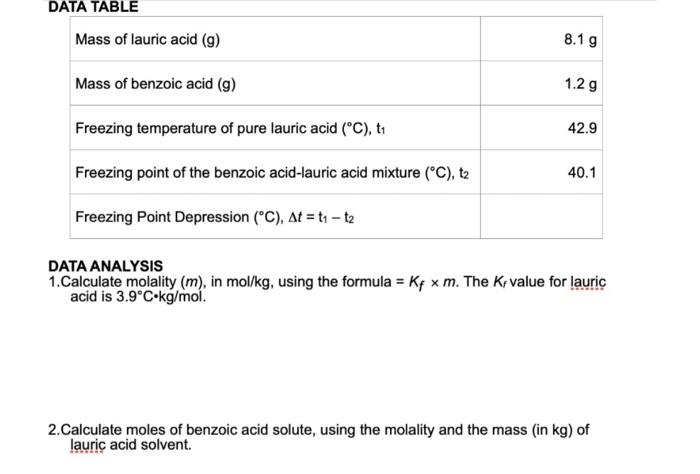 Show work please. DATA ANALYSIS 1.Calculate molality (m), in mol/ kg, using
