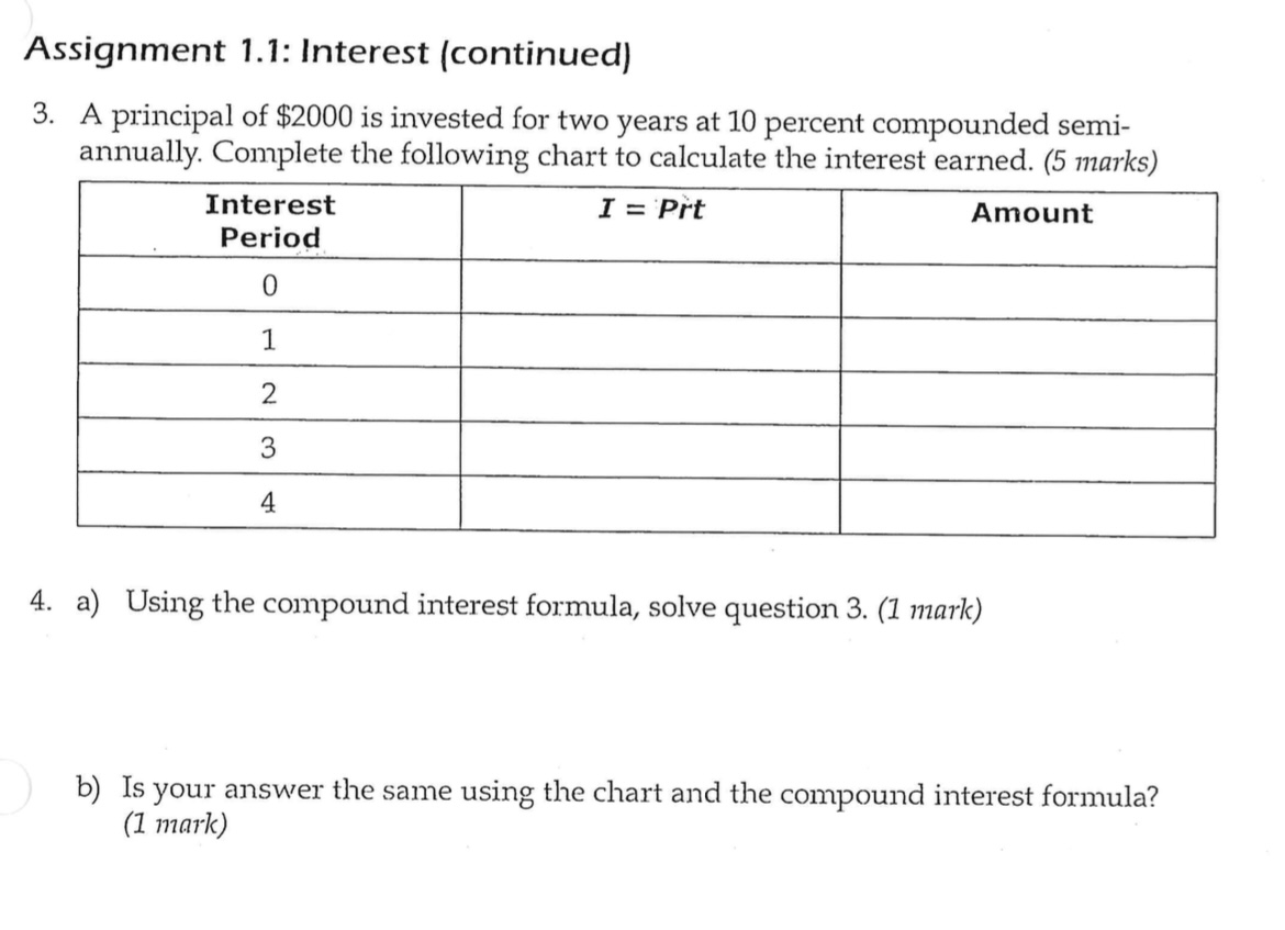  Assignment 1.1: Interest (continued) A principal of $2000 is invested for