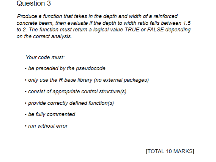  Question 3 Produce a function that takes in the depth and