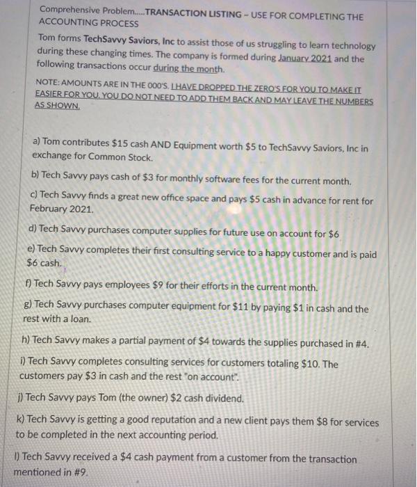 transactions (journals, T Accounts, Trial Balance, 3 Financial Statements) HINT!!! Use the