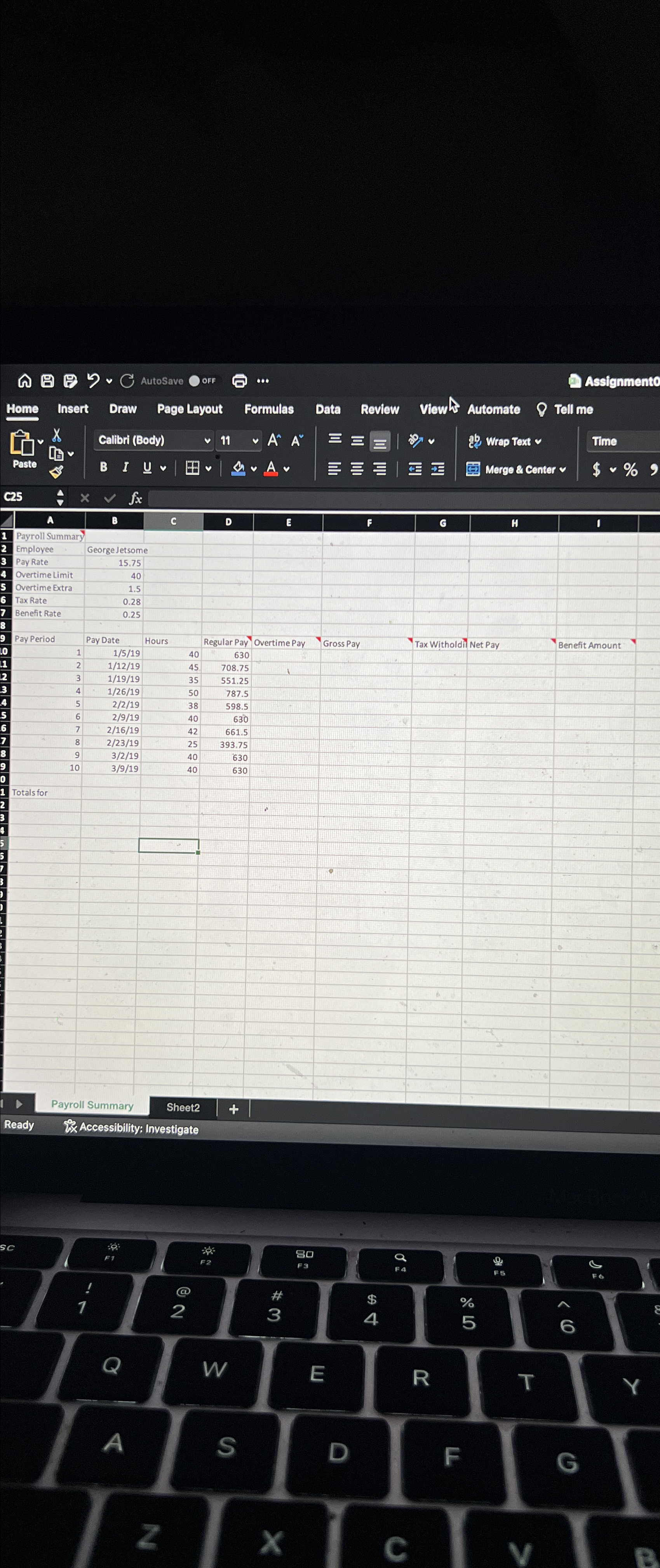  Provide formulas for regular pay (D10), overtime pay (E10), gross pay