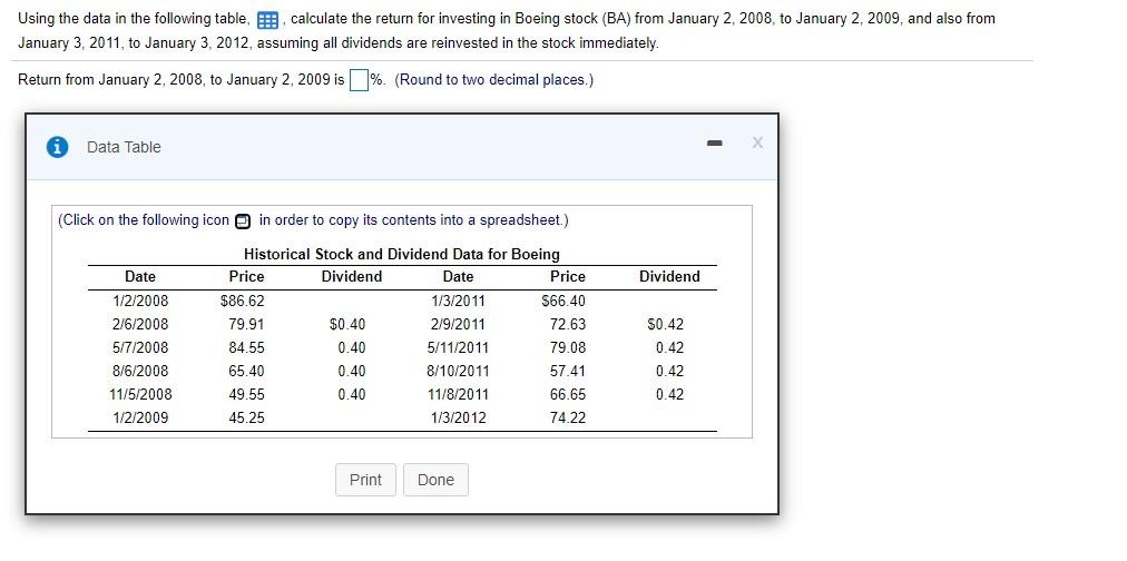 Using the data in the following table, calculate the return for