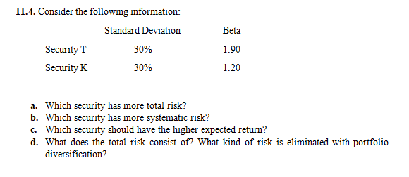 Beta 11.4. Consider the following information: Standard Deviation Security T 30%