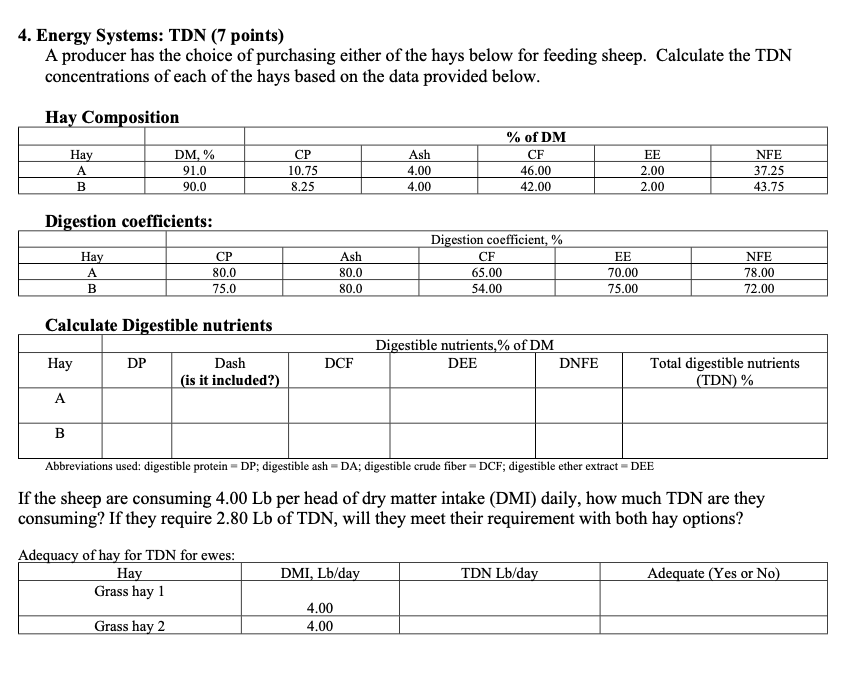 please answer thanks --Caluclate digestible nutrients (last two boxes) 4. Energy Systems: