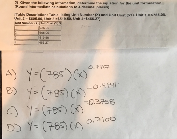  3) Given the following information, determine the equation for the unit