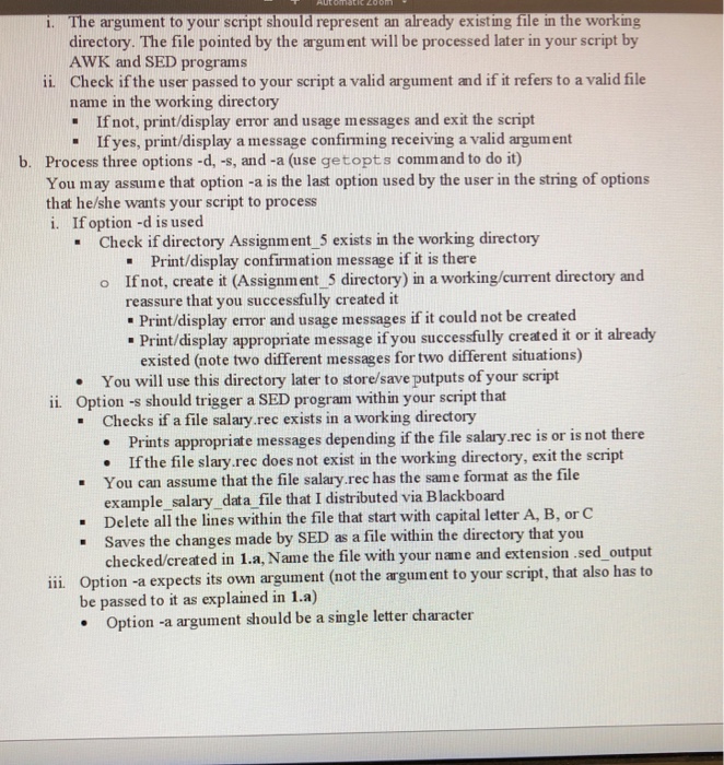 a Bash script that includes getopts, AWK and SAD programs. Name your