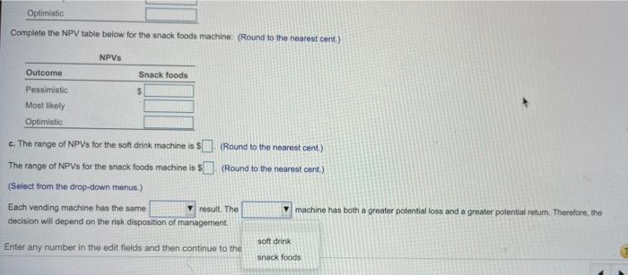 drink machine: (Round to the nearest cent.) NPVs Outcome Soft drinks Pessimistic
