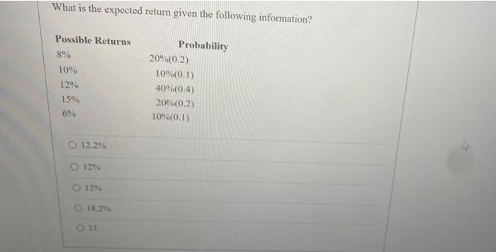  What is the expected return given the following information? Possible Returns