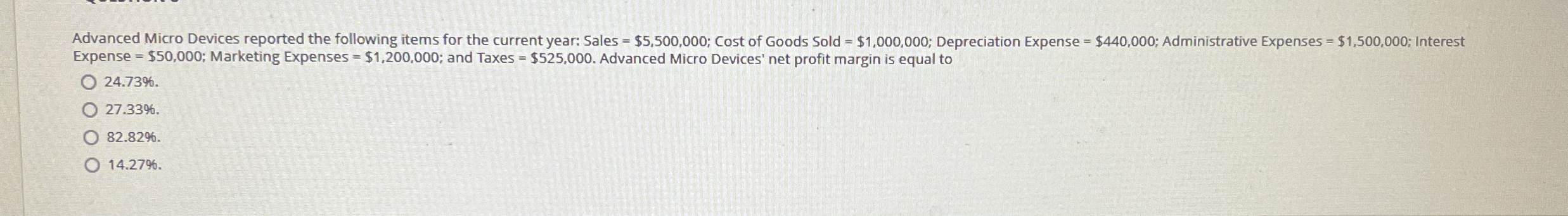 Expense =$50,000; Marketing Expenses =$1,200,000; and Taxes =$525,000. Advanced Micro Devices'