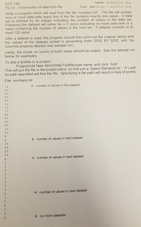 ECE 160 name: modefile.cpp Pri 10 Find modes of data from