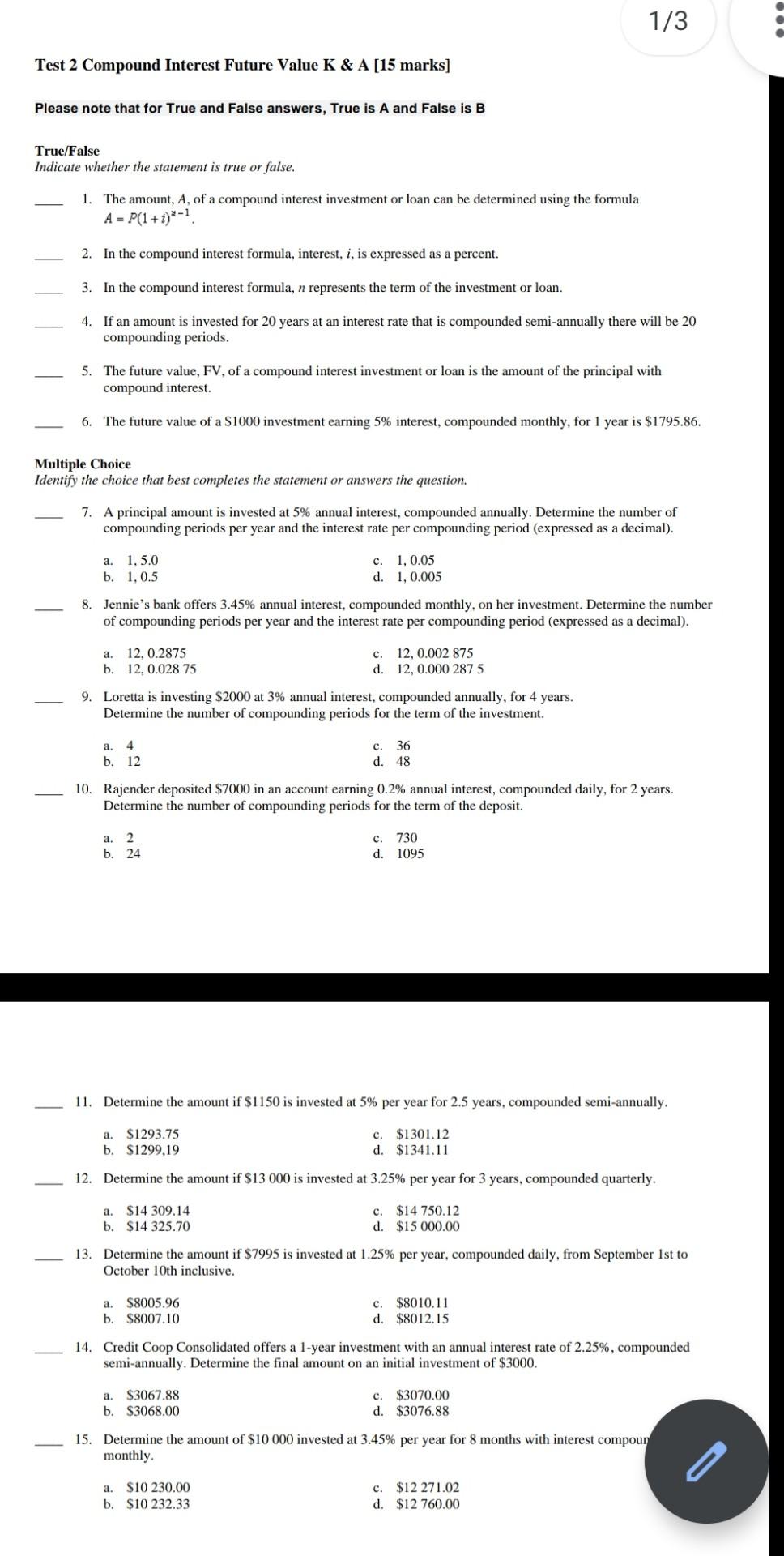  1/3 Test 2 Compound Interest Future Value K & A [15