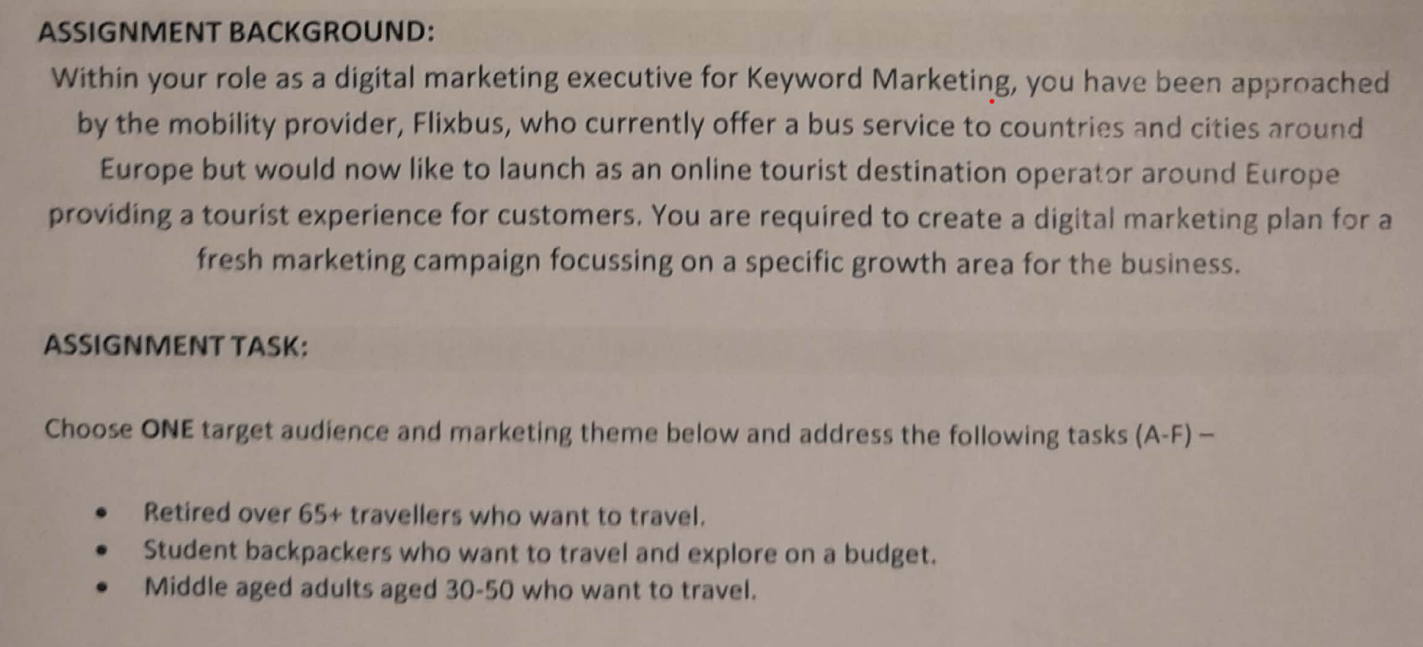  ASSIGNMENT BACKGROUND: Within your role as a digital marketing executive for