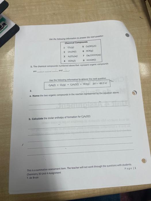  em Use the following information to answer the next question Chemical