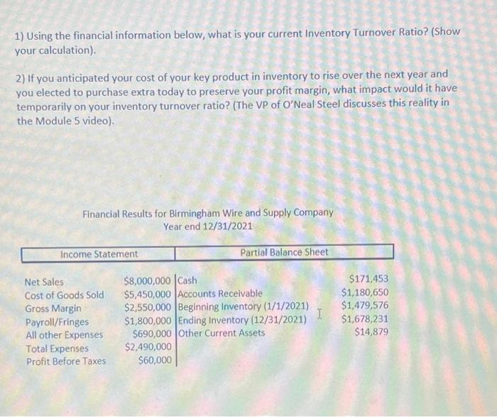  1) Using the financial information below, what is your current Inventory