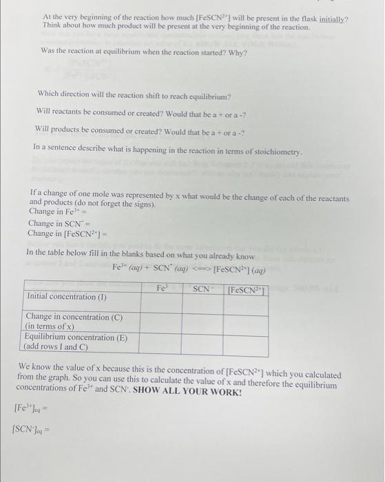 to the following reaction Fe3+(aq)+SCN(aq)[FeSCN2+](aq) At the very beginning of the reaction
