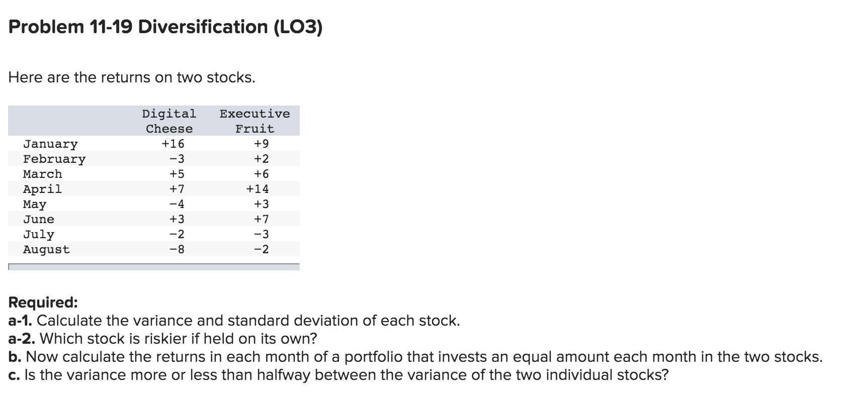  Problem 11-19 Diversification (LO3) Here are the returns on two stocks.