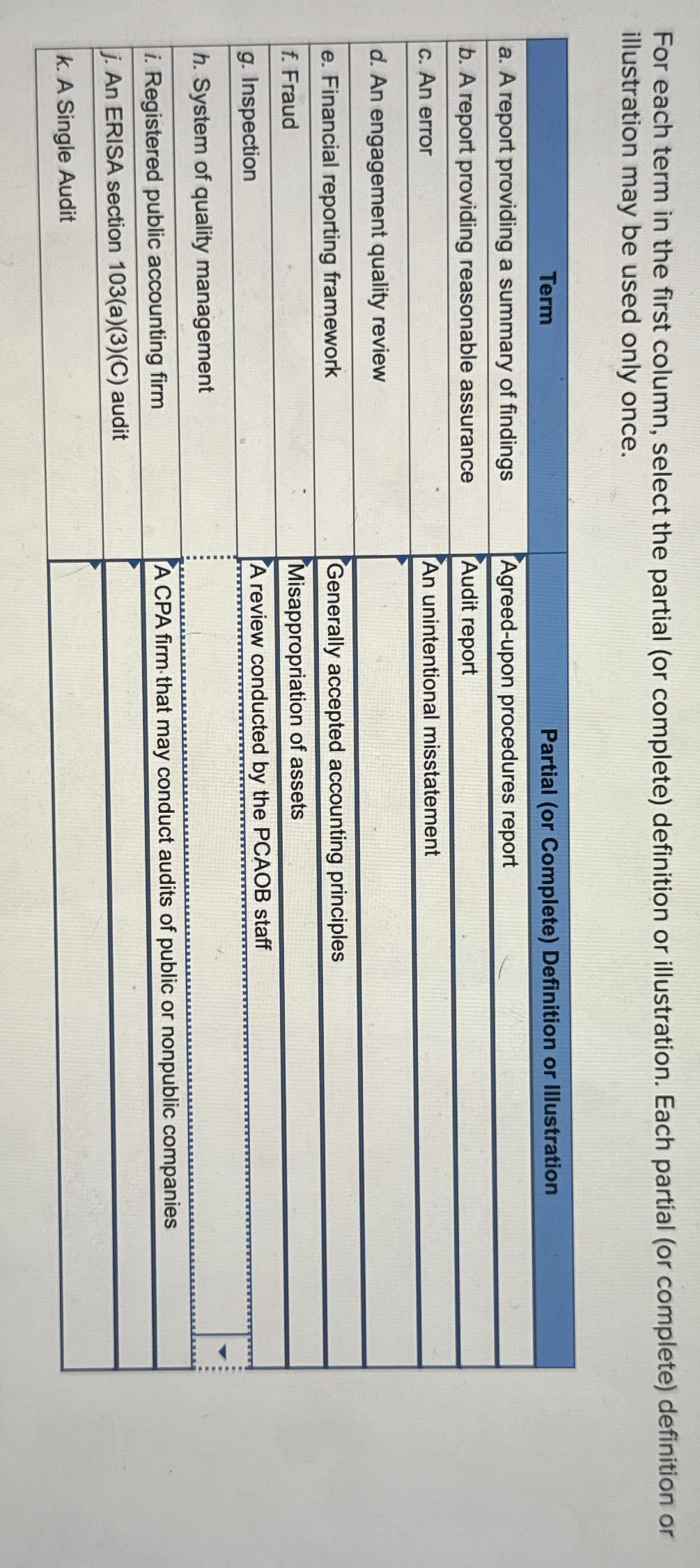  For each term in the first column, select the partial (or