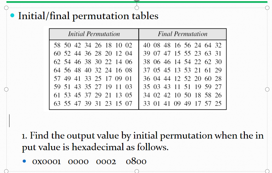  Initial/final permutation tables Find the output value by initial permutation when