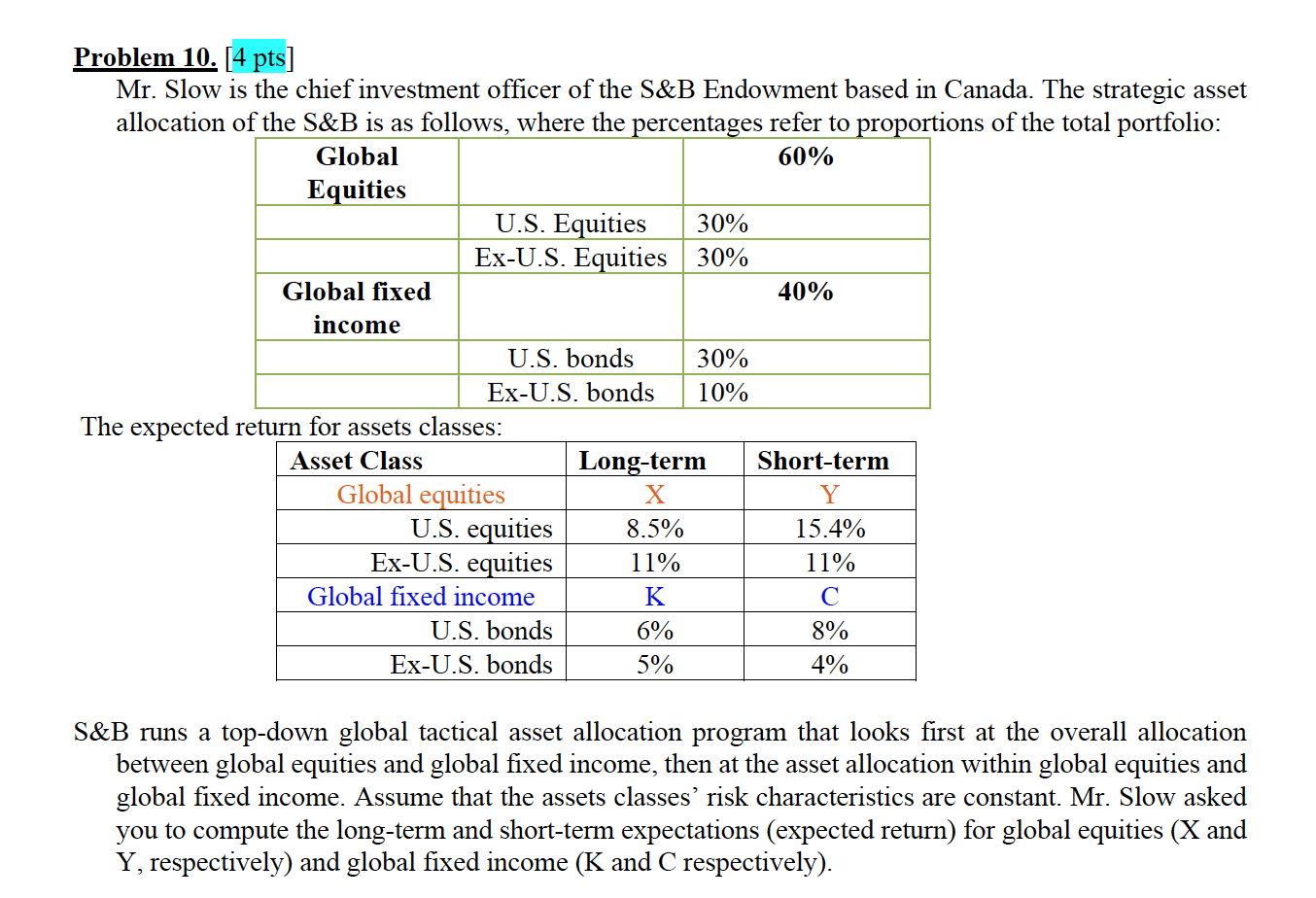 Please do not show or use excel, thank you. Problem 10. [4