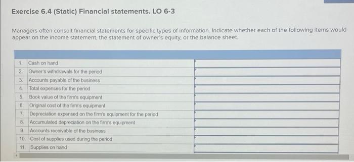  Exercise 6.4 (Static) Financial statements. LO 6-3 Managers often consult financial