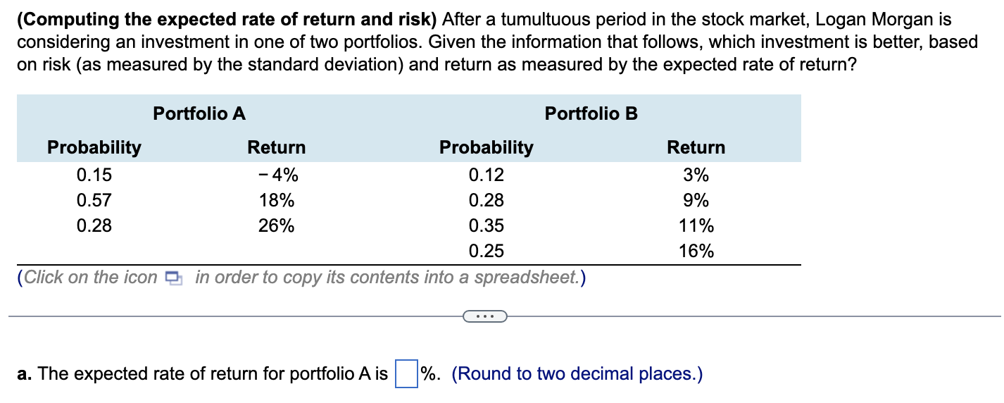 Please solve for A and also for the expected rate of return