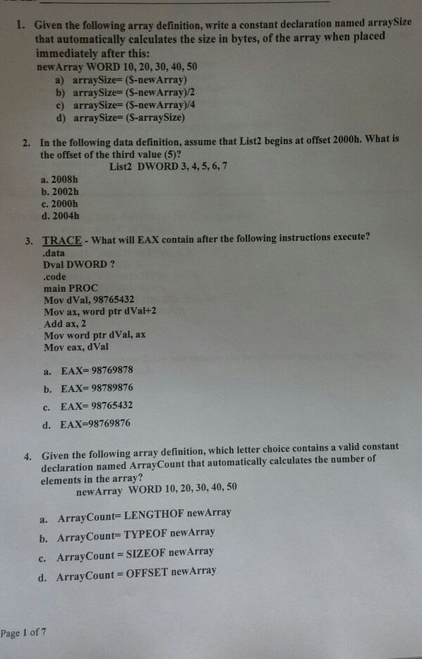  show all the work 1. Given the following array definition, write