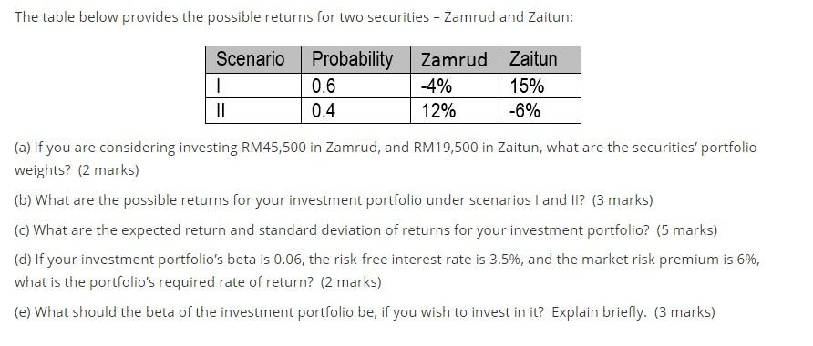  The table below provides the possible returns for two securities -