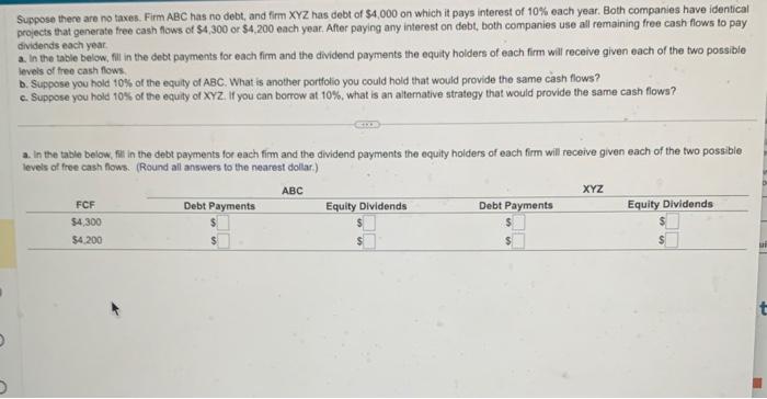 fill out chart and answer A-C Suppose there are no taxes. Firm