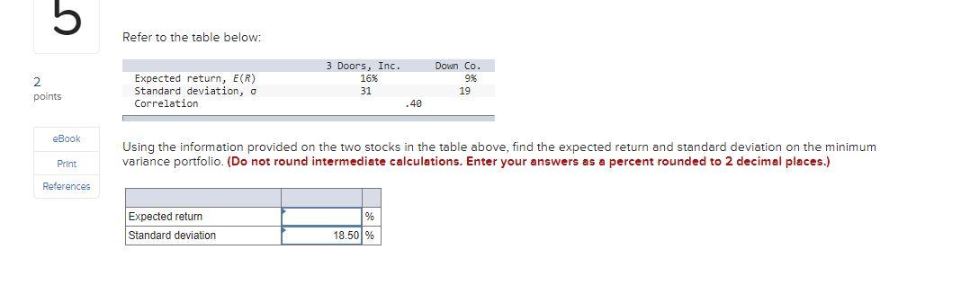  5 Refer to the table below: 2 points Expected return, E(R)