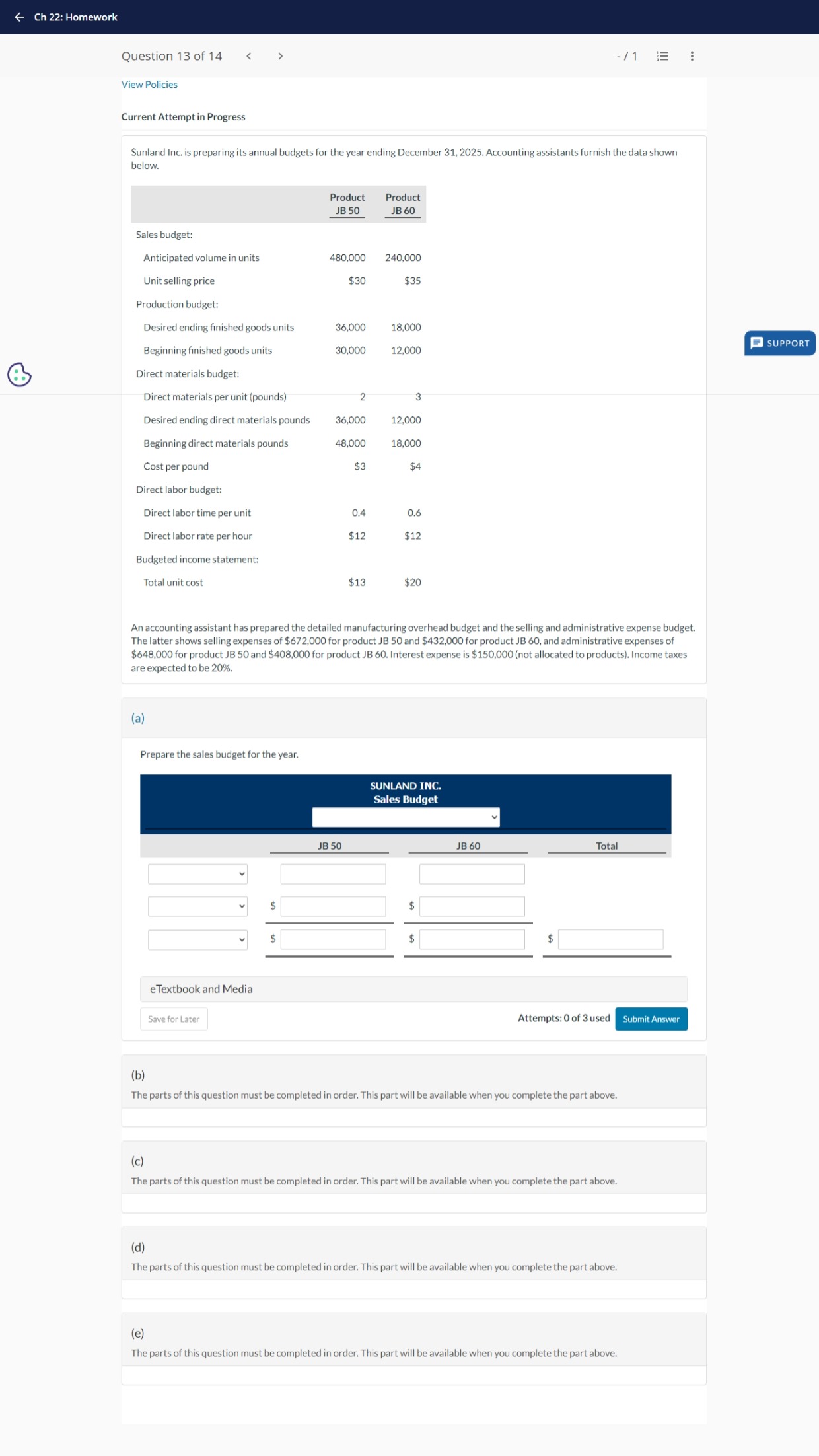  Current Attempt in Progress Sunland Inc. is preparing its annual budgets