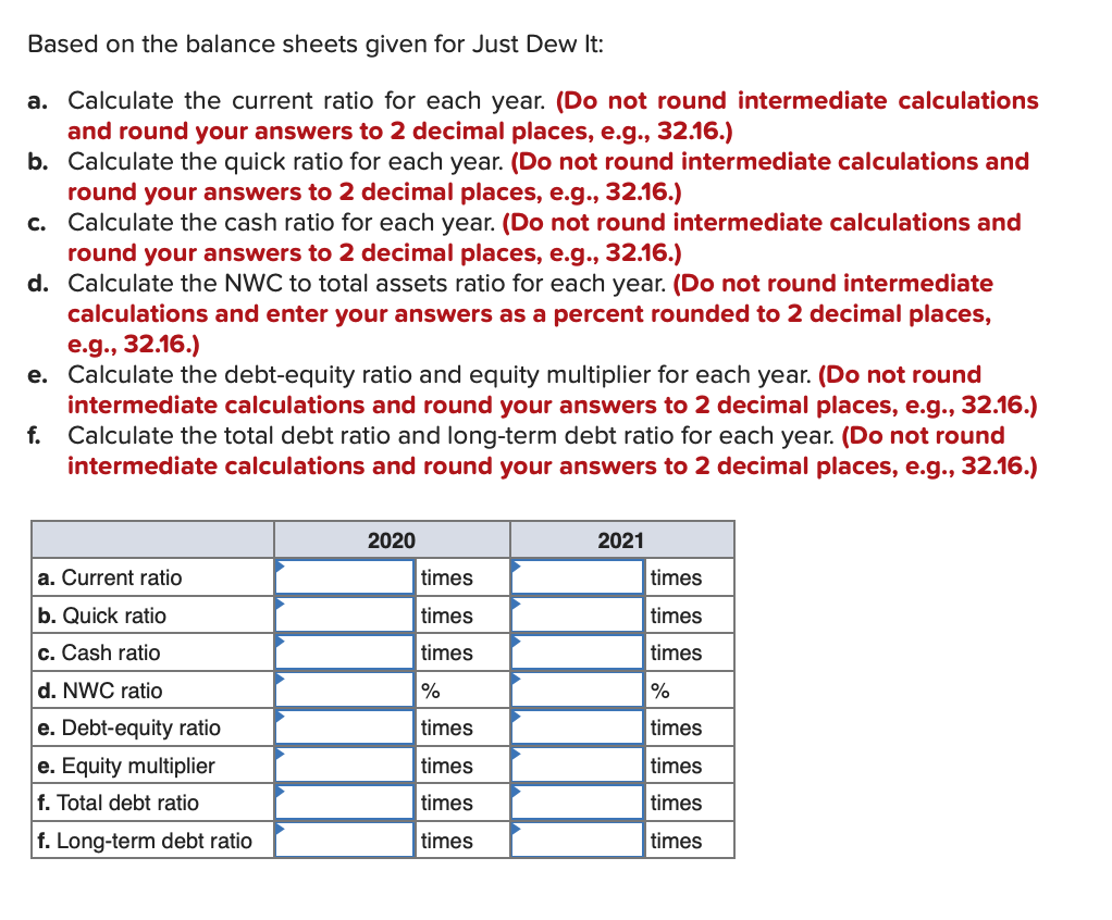  Based on the balance sheets given for Just Dew It: a.
