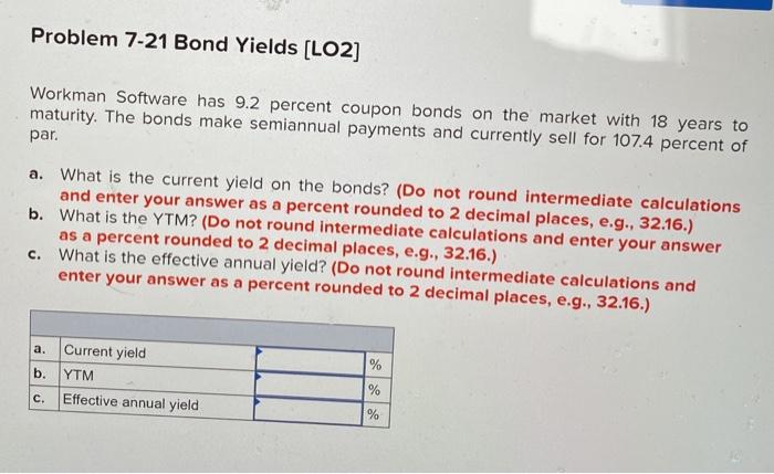  Problem 7-21 Bond Yields (LO2] Workman Software has 9.2 percent coupon