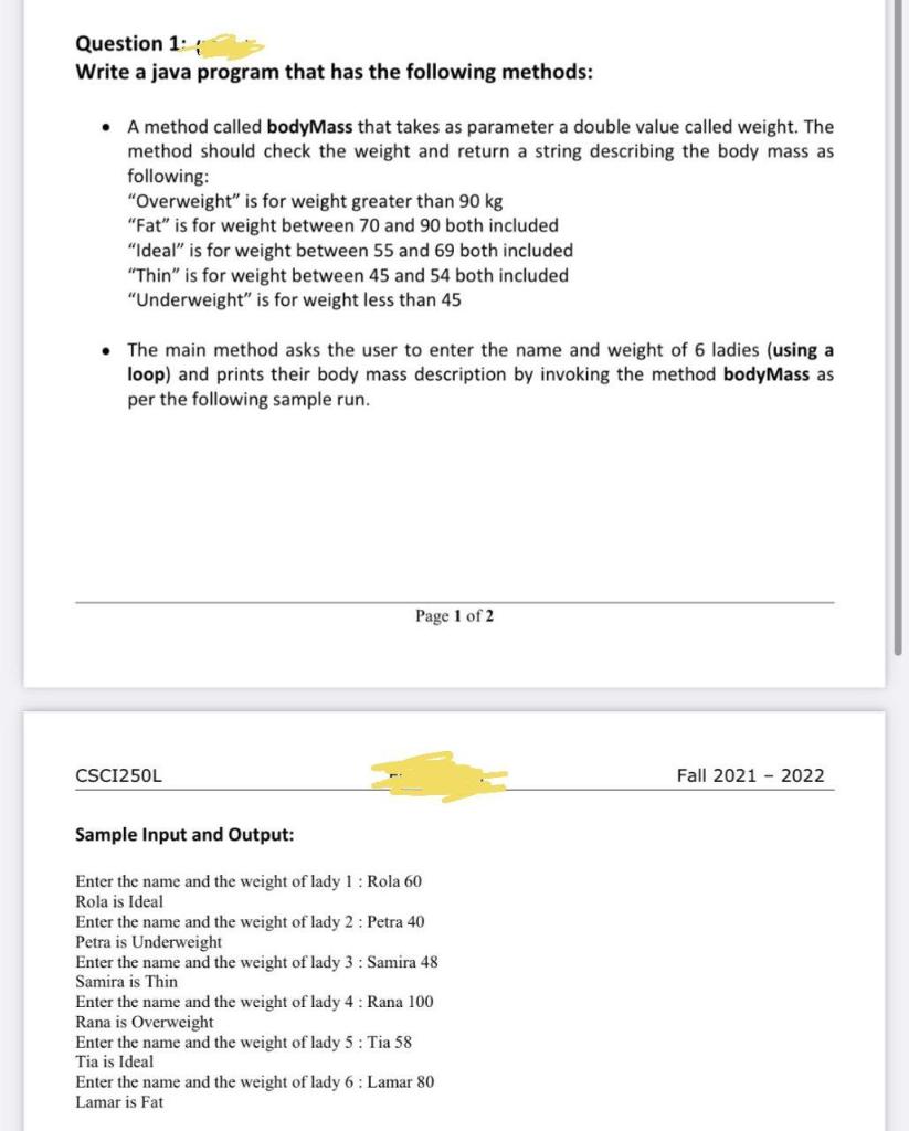  Question 1: Write a java program that has the following methods: