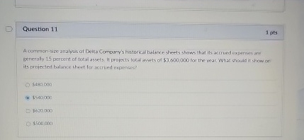  Question 11 1 pts A common-size allahysis of Detta Comoury's hstorical