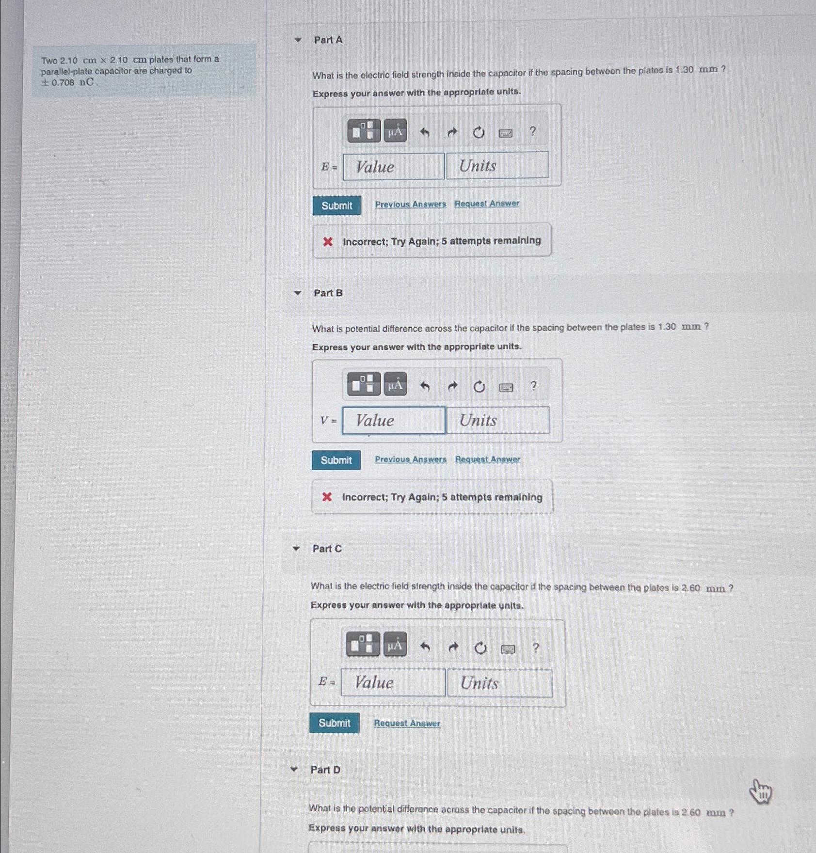  Part A Two 2.10cm2.10cm plates that form a parallel-plate capacitor are