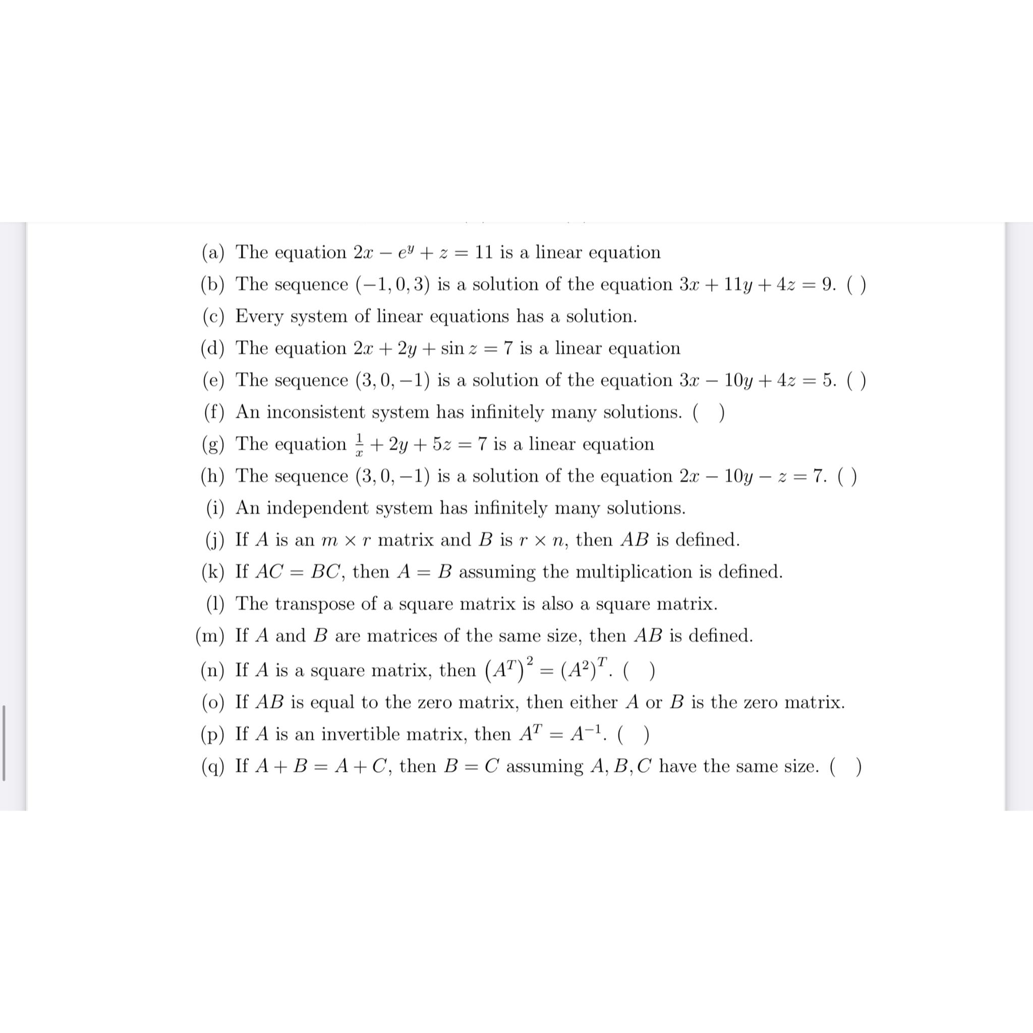  (a) The equation 2x-ey+z=11 is a linear equation (b) The sequence