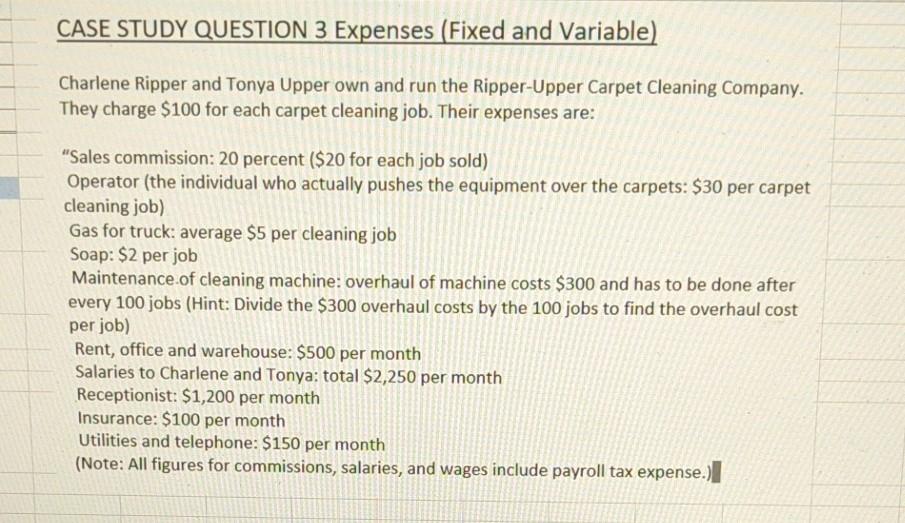 CASE STUDY QUESTION 3 Expenses (Fixed and Variable) Charlene Ripper and