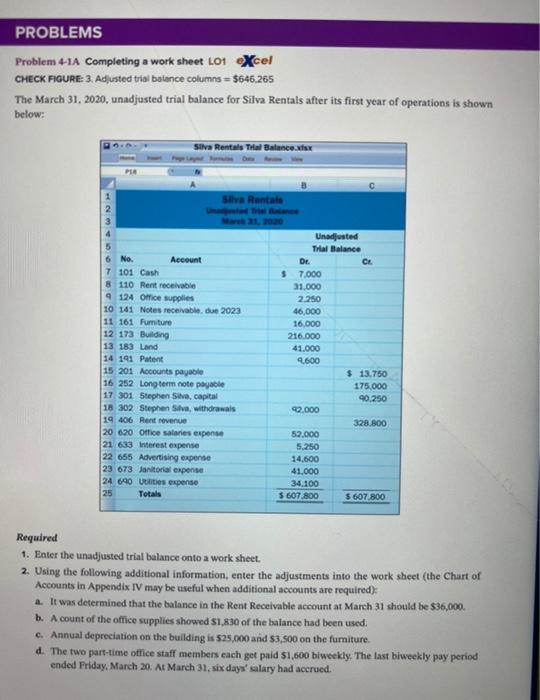  PROBLEMS Problem 4-1A Completing a work sheet Loi eXcel CHECK FIGURE: