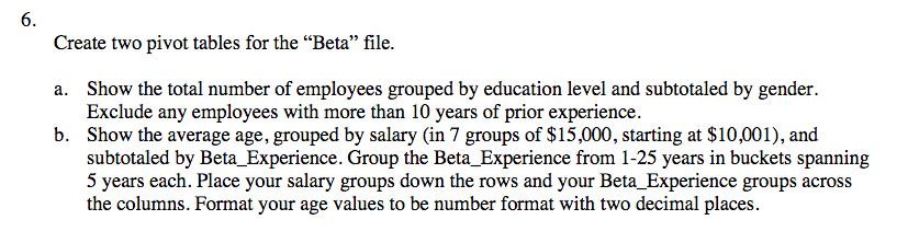  6. Create two pivot tables for the Beta file. a. Show