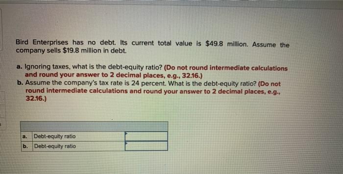  Bird Enterprises has no debt. Its current total value is $49.8