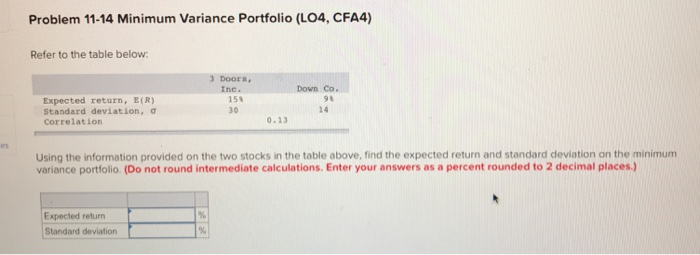  Problem 11-14 Minimum Variance Portfolio (LO4, CFA4) Refer to the table