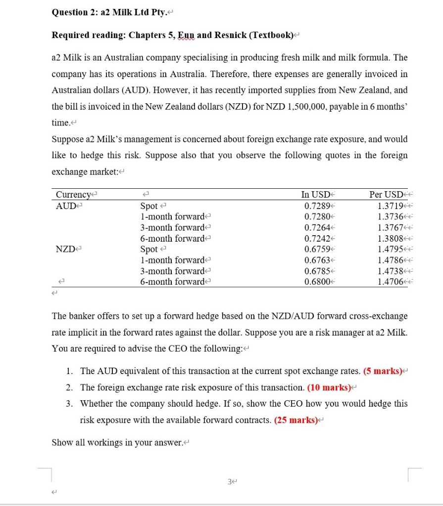 Question 2: a2 Milk Ltd Pty. Required reading: Chapters 5, Eun