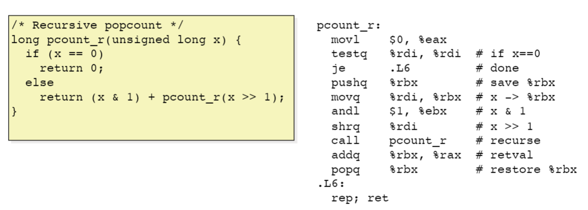  /* Recursive popcount */ long pcount_r(unsigned long x) { if (x